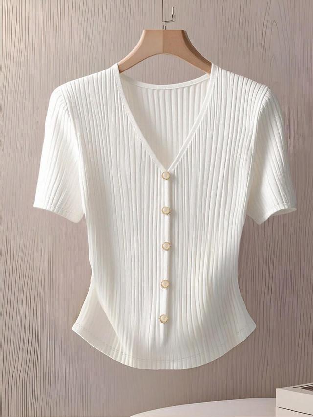 white ribbed v-neck short sleeve button-down top