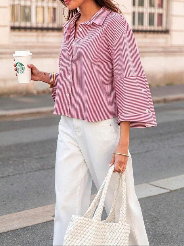 red and white vertical striped button-down blouse
