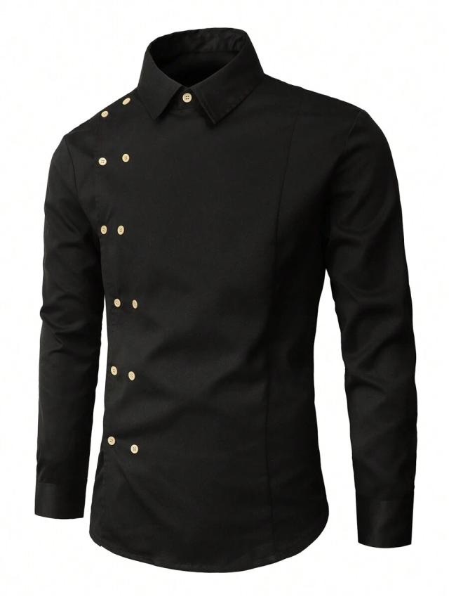 black solid color double-breasted casual long sleeve shirt