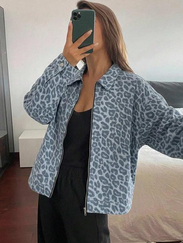 blue leopard print zip-up loose fit denim jacket