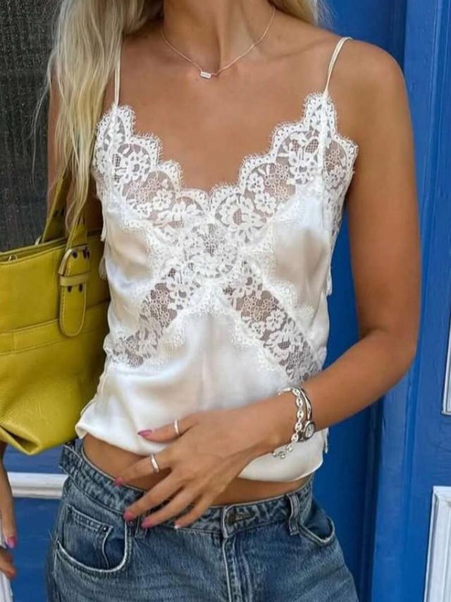 white satin camisole with lace criss-cross patchwork