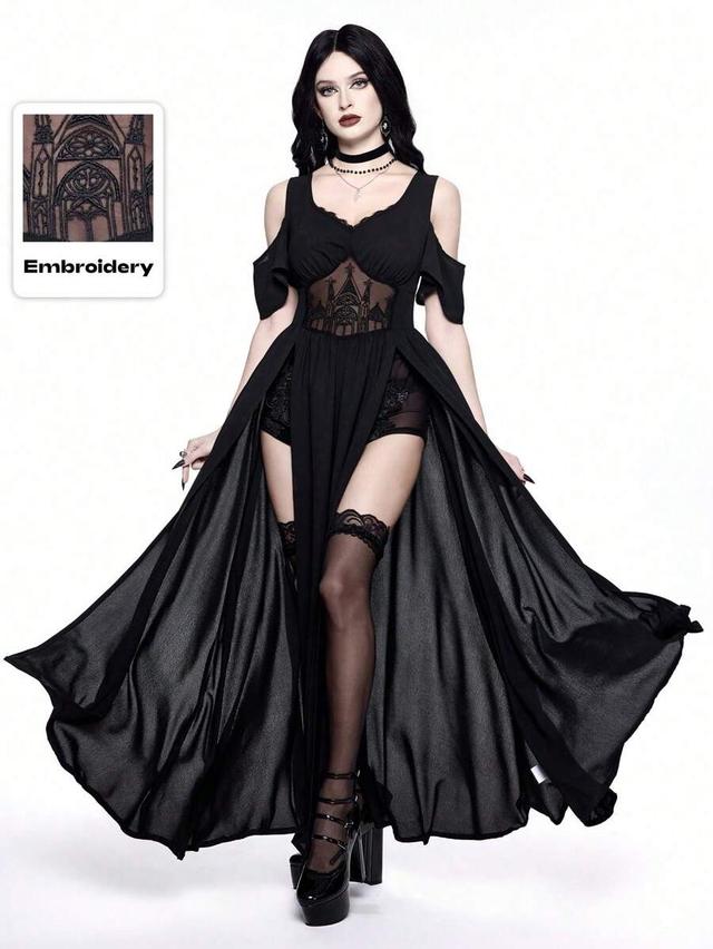 gothic black cold shoulder dress with cathedral embroidery
