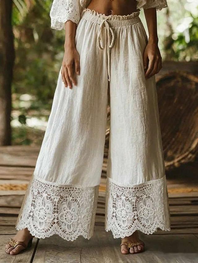 white drawstring waist linen blend lace patchwork pants