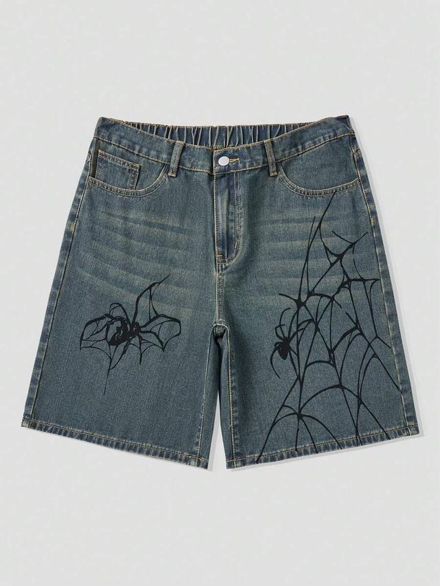 spider printed denim shorts with elastic waistband