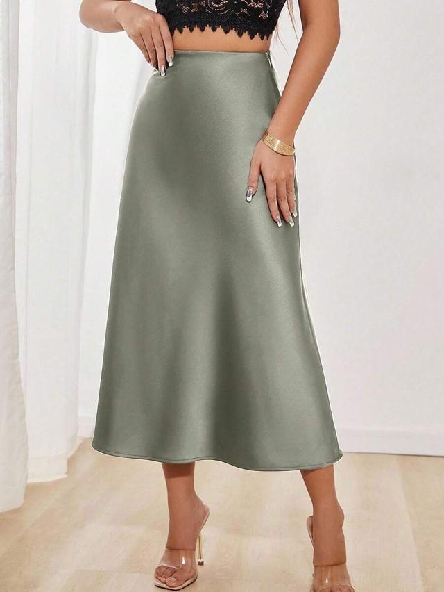 elegant sage green satin midi skirt