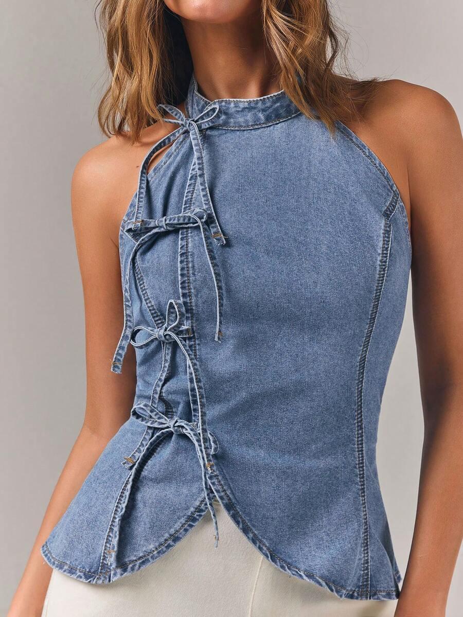 blue denim halter neck blouse with front tie bows