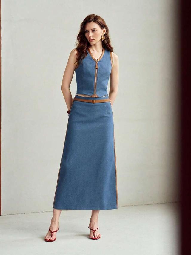 premium contrast trim slit denim midi skirt