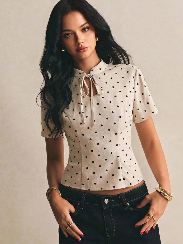 vintage polka dot tie neck fitted blouse