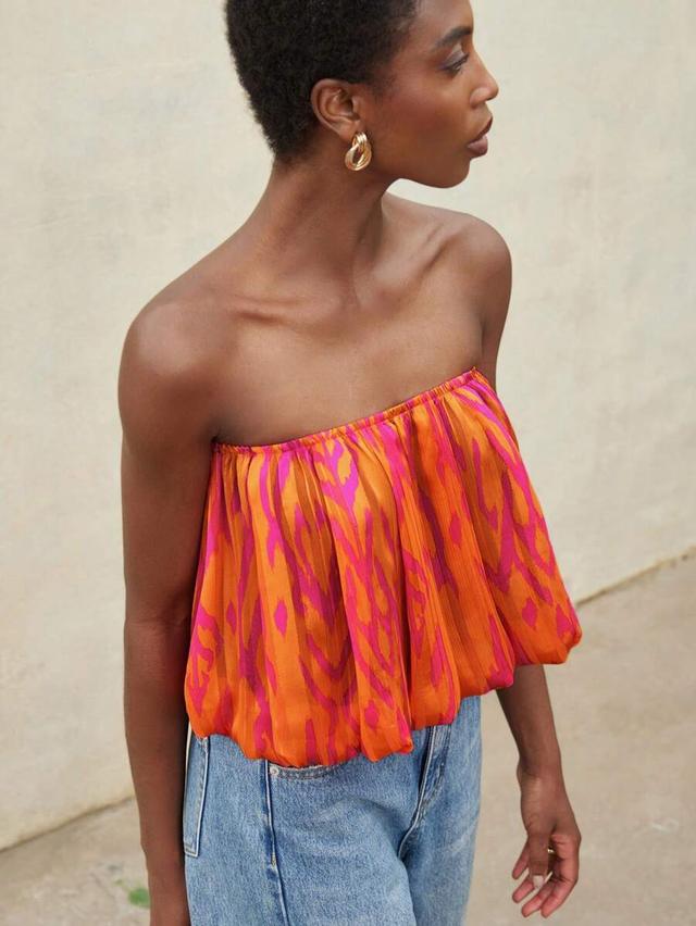 orange and pink oil painting print chiffon tube top