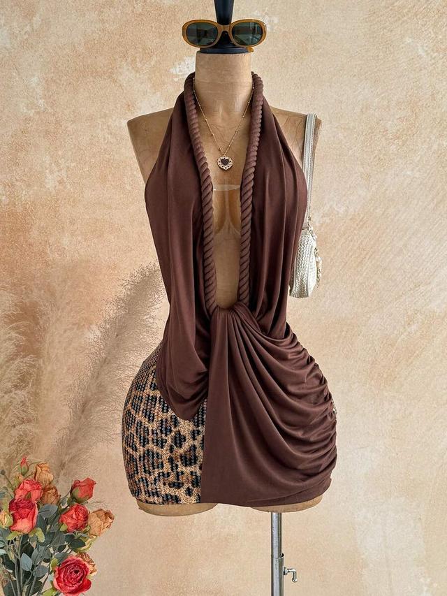 leopard print patchwork halter neck mini dress