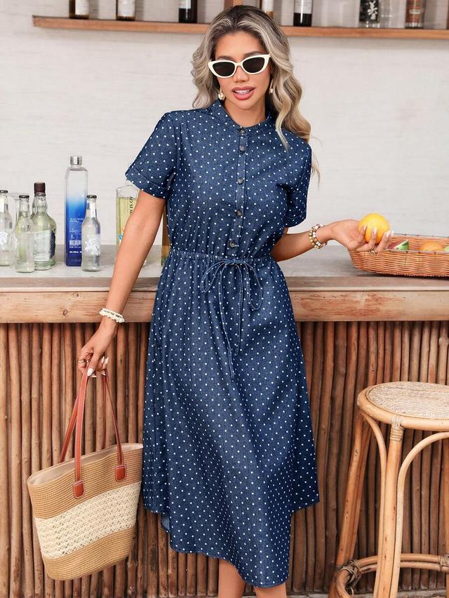 vintage style dark blue polka dot denim dress