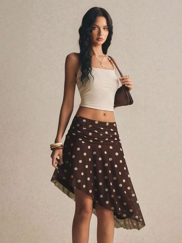 brown and white polka dot mesh handkerchief midi skirt