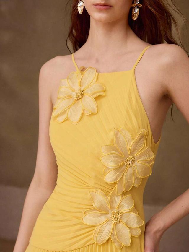 yellow pleated cami dress with floral applique
