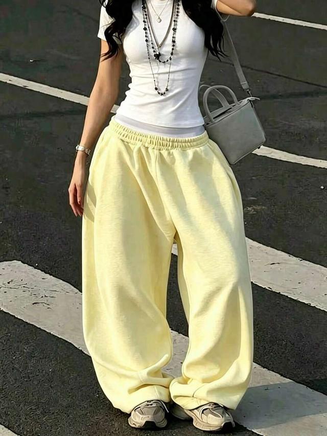 yellow casual elastic waist loose wide leg sweatpants
