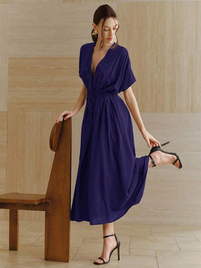 purple linen deep v-neck batwing sleeve tie-waist dress