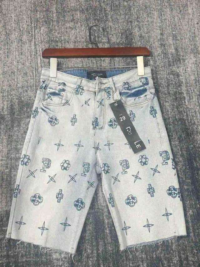 men's light wash denim shorts with embroidered pattern