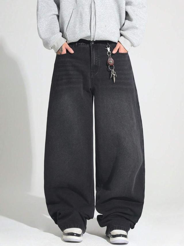 loose washed black denim baggy wide leg jeans