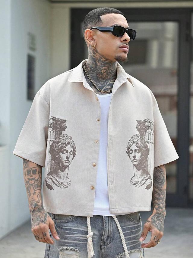 beige roman portrait print short sleeve casual shirt