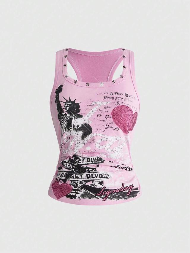 pink y2k slogan print rhinestone racerback tank top