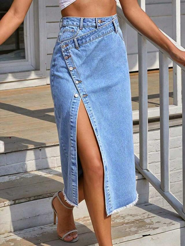 light wash denim midi skirt with button detail