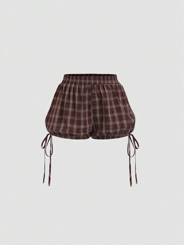 plaid patchwork lantern shorts with side ties