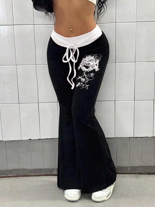 contrast color patchwork floral print flare pants
