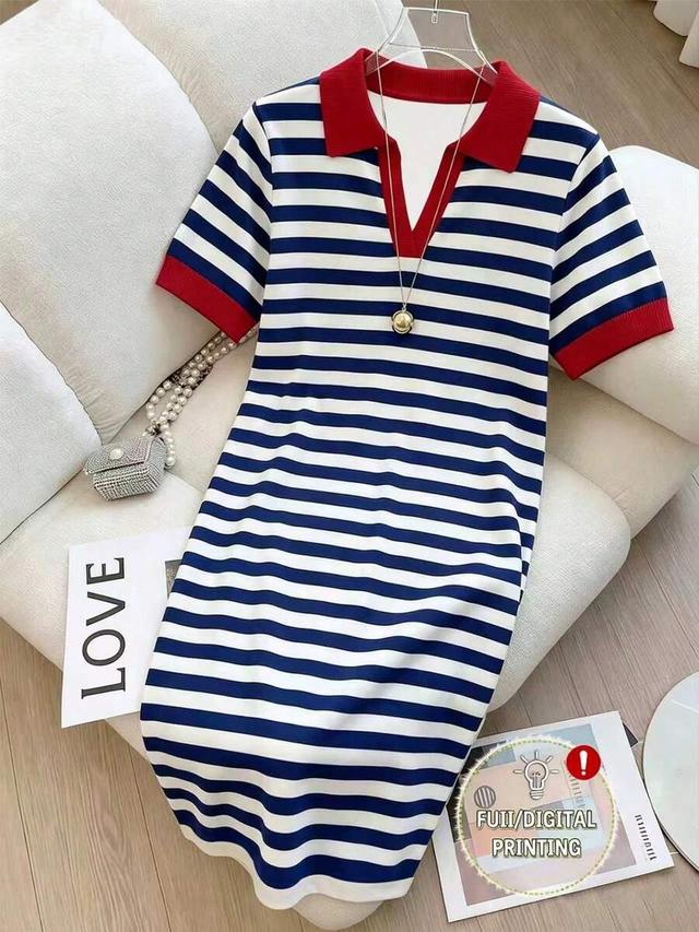 resyla striped contrast color digital print half-zip dress