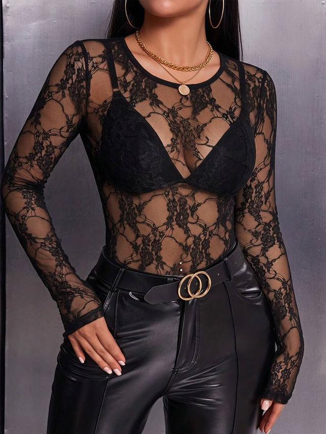 shein sxy black floral lace patchwork sheer long sleeve top