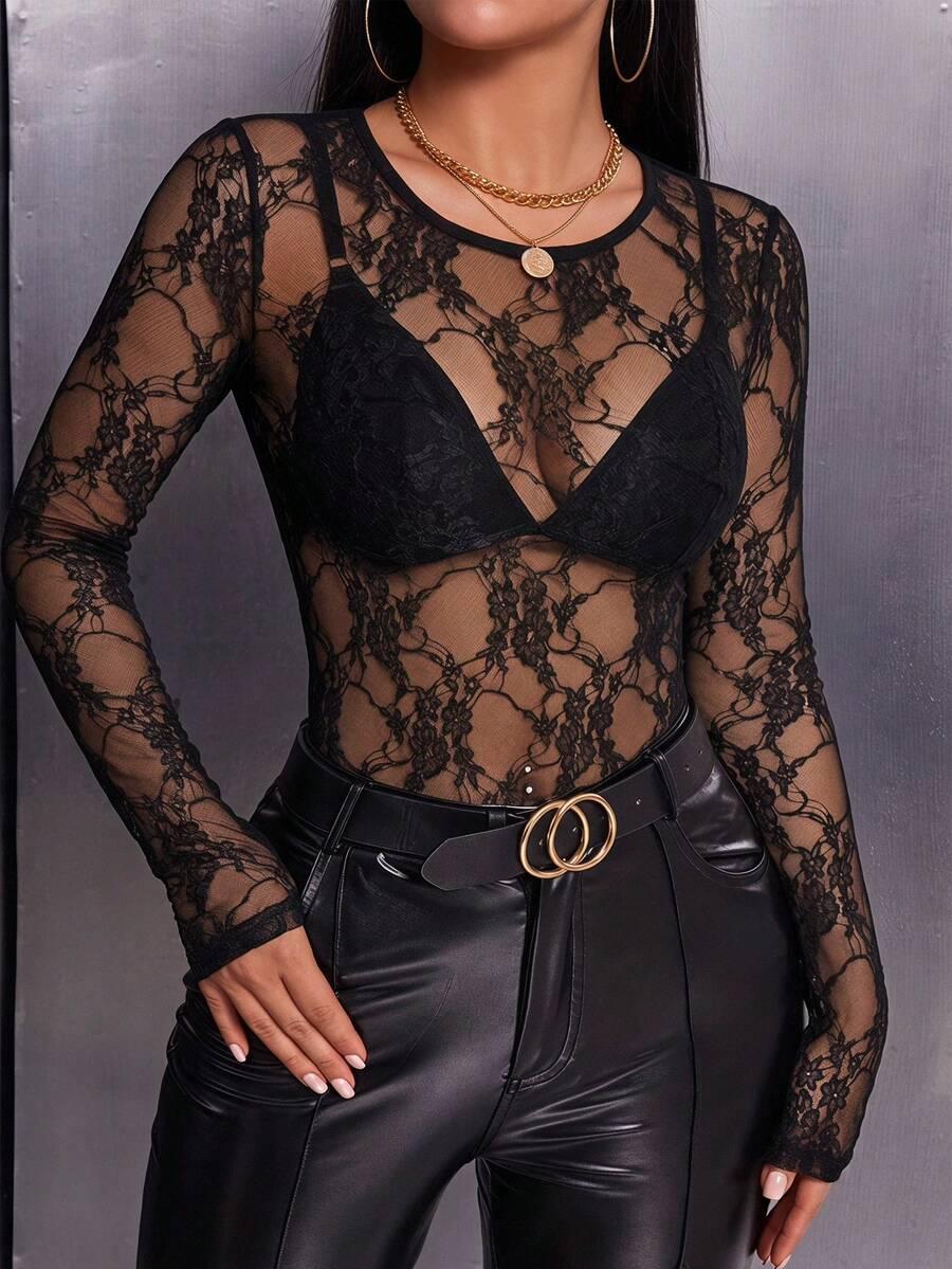 shein sxy black floral lace patchwork sheer long sleeve top
