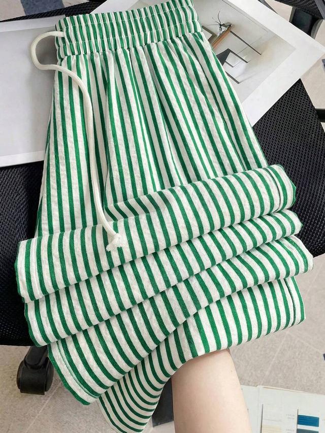 straight leg striped casual trousers with elastic drawstring waist