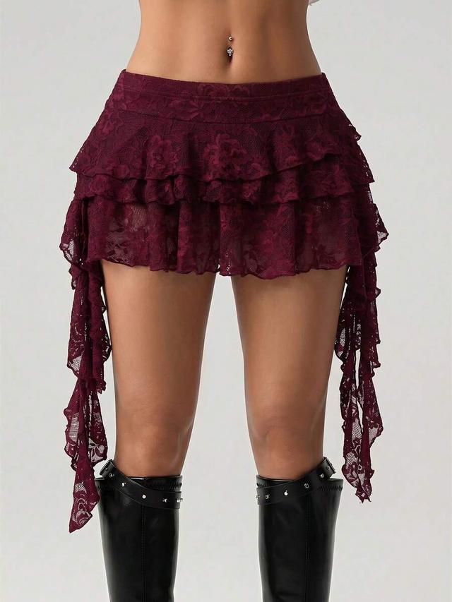 burgundy lace wavy edge tiered mini skirt