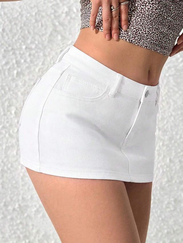 white denim mini skirt with classic five pocket styling