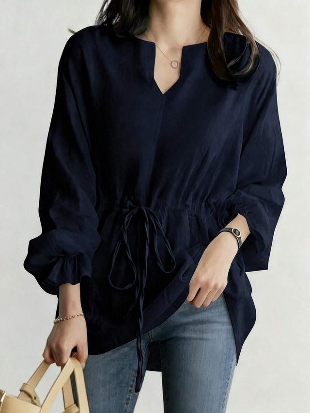navy v-neck long sleeve belted casual blouse