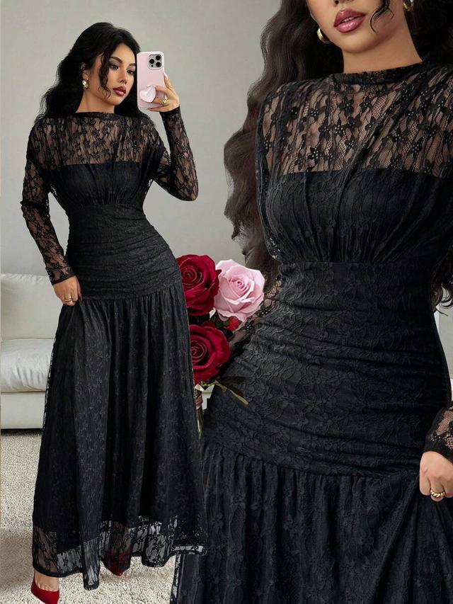 black lace ruched long sleeve bodycon dress