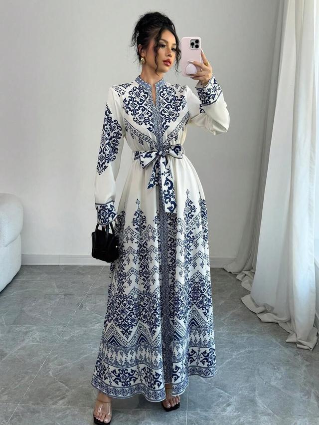long sleeve printed white and blue maxi dress