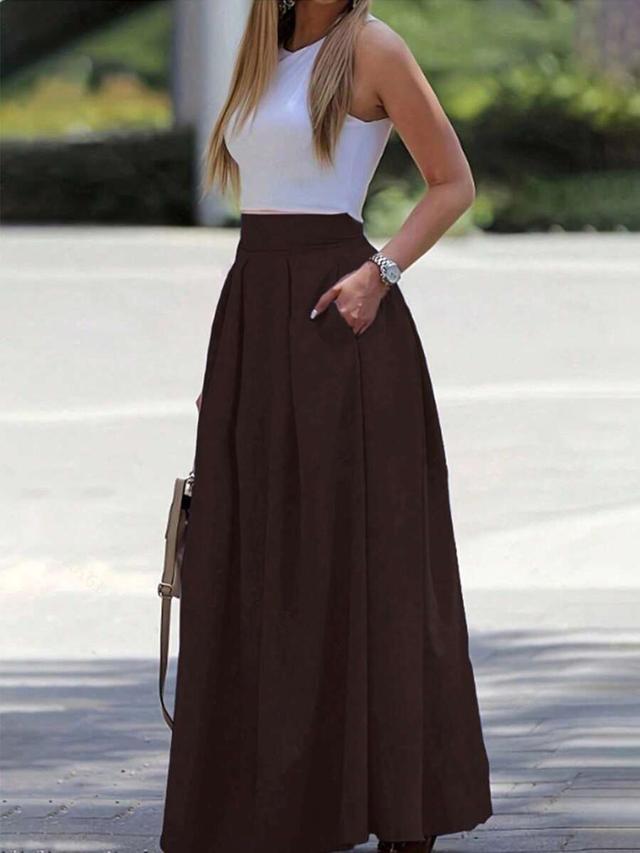 brown pleated high waist a-line maxi skirt