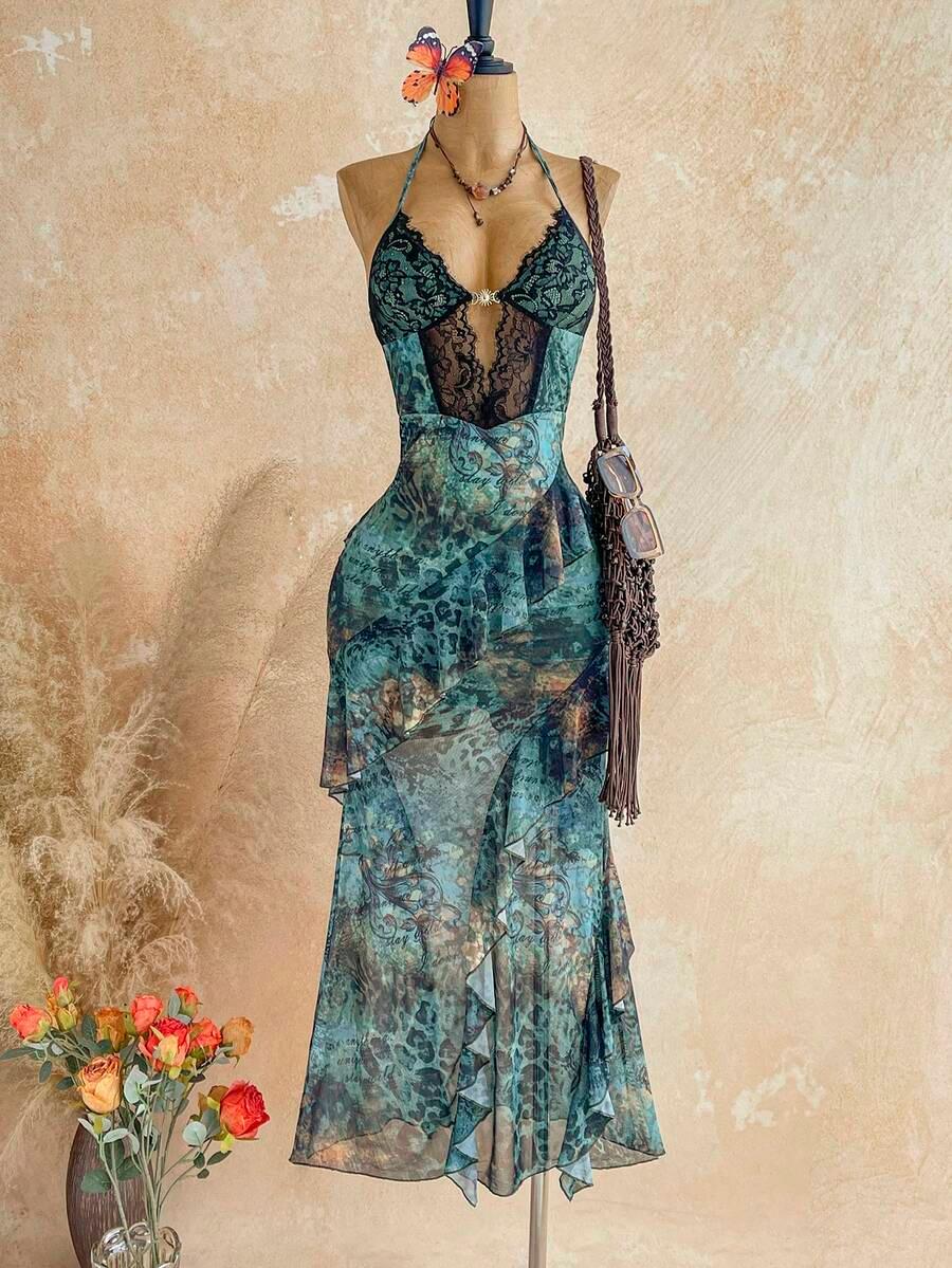 soleia vintage animal print mesh lace patchwork ruffle dress