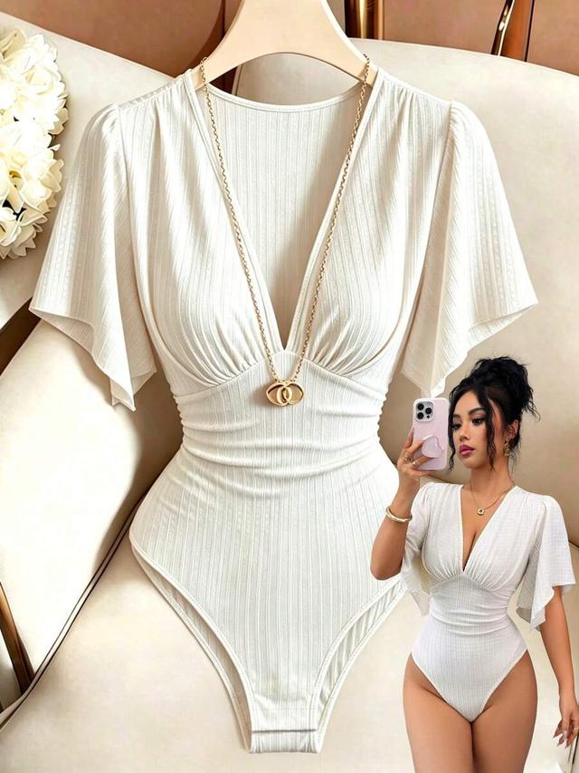 white v-neck ribbed knit pleated ruffle sleeve bodysuit