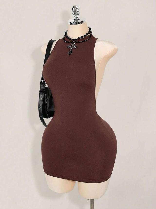 solid brown backless mini dress