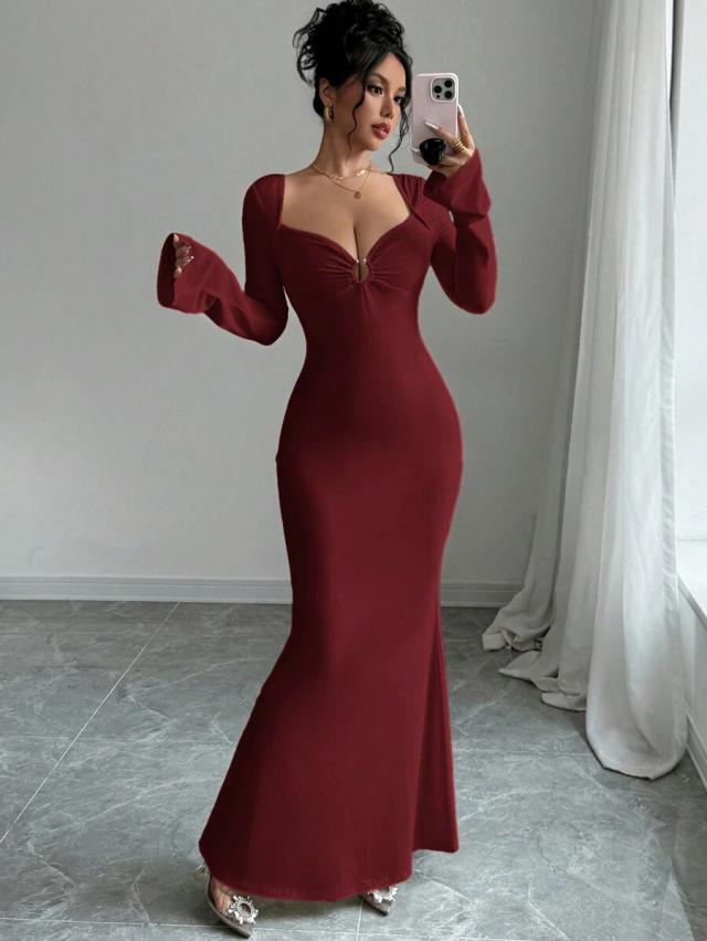 firerie women's elegant solid color decorative button long dress