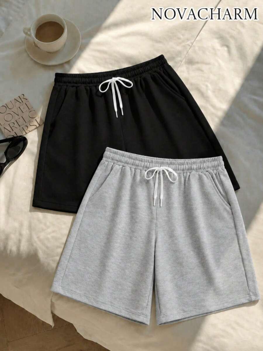 black casual grey cotton jersey drawstring shorts