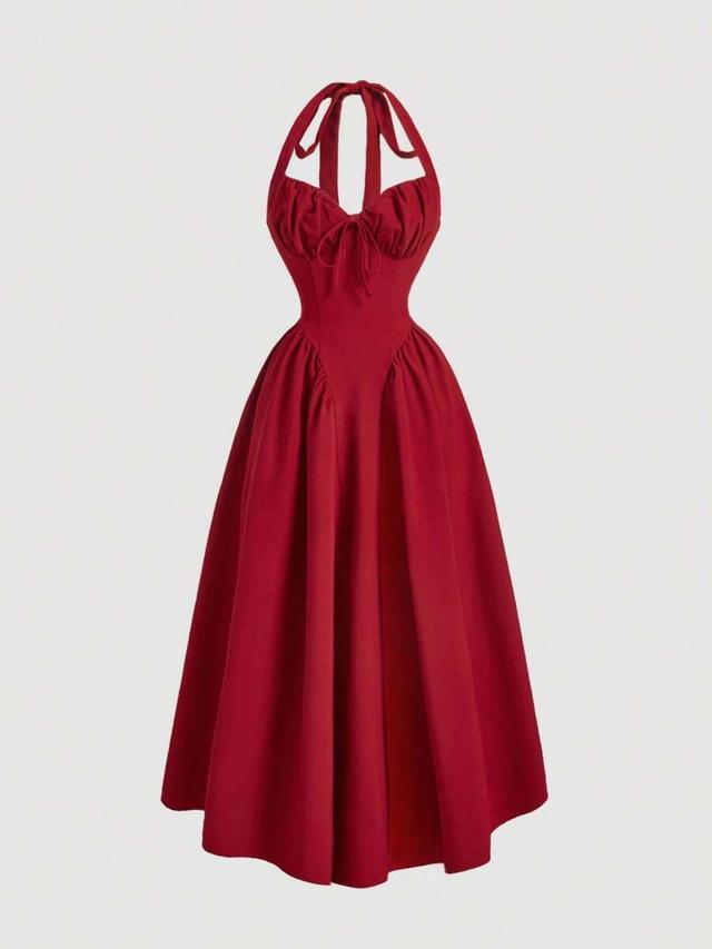 dark red halter neck ruched swing dress