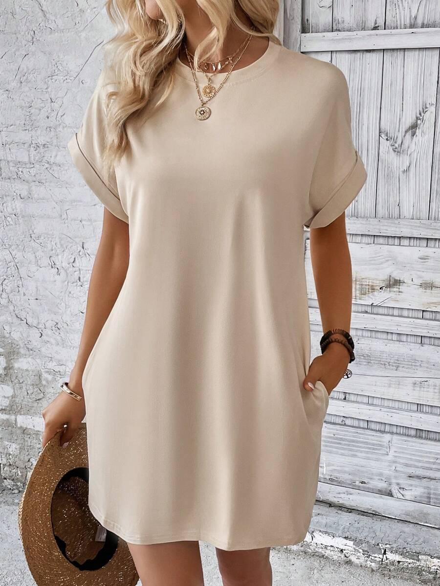 beige cotton blend shift dress with rolled sleeves