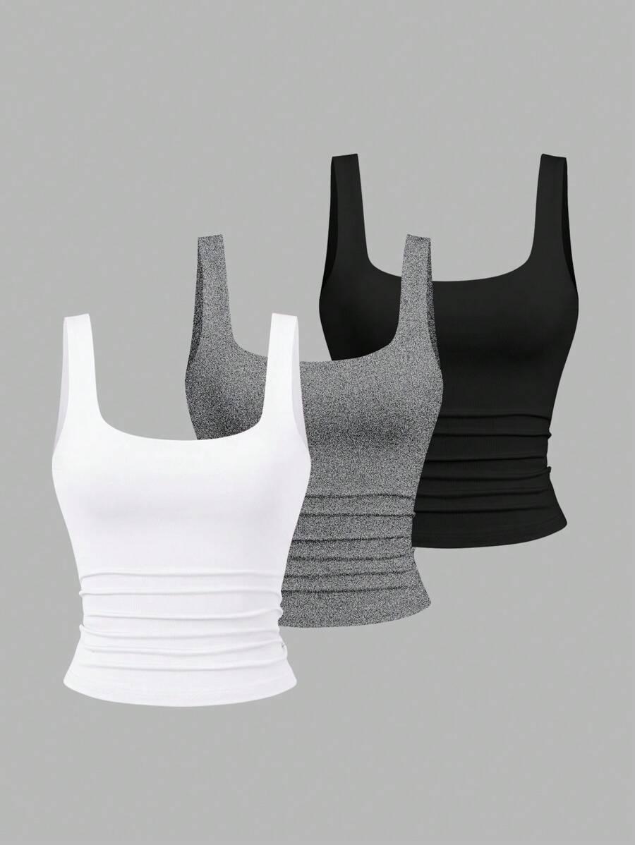 white casual cropped square neck pleated tank top