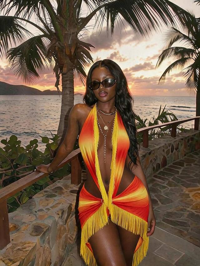 ombre sunset halter dress with fringe detailing