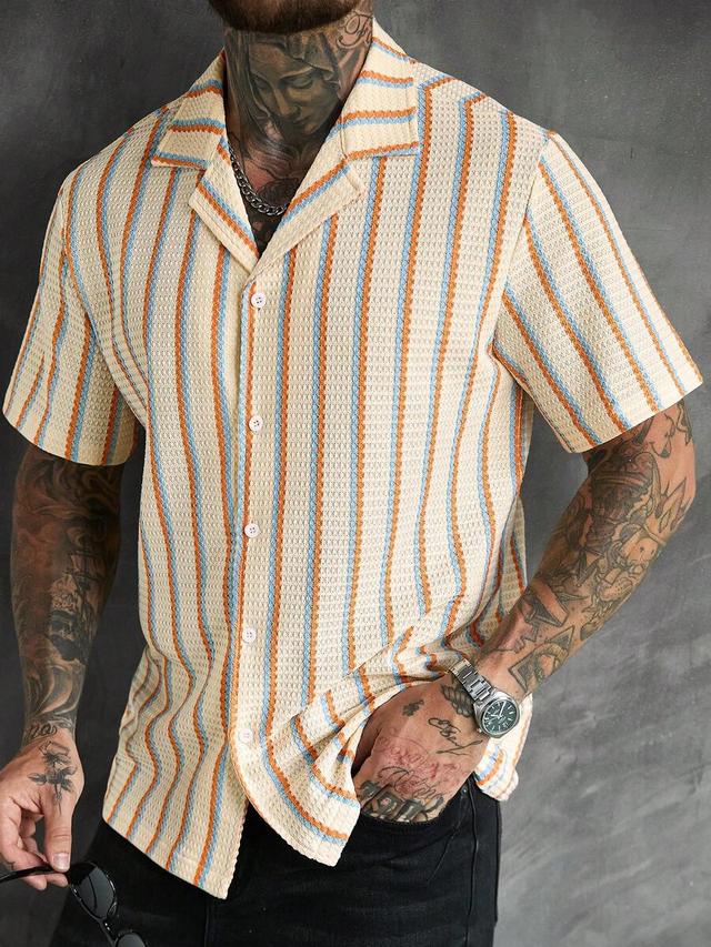 beige striped textured short sleeve button-down shirt