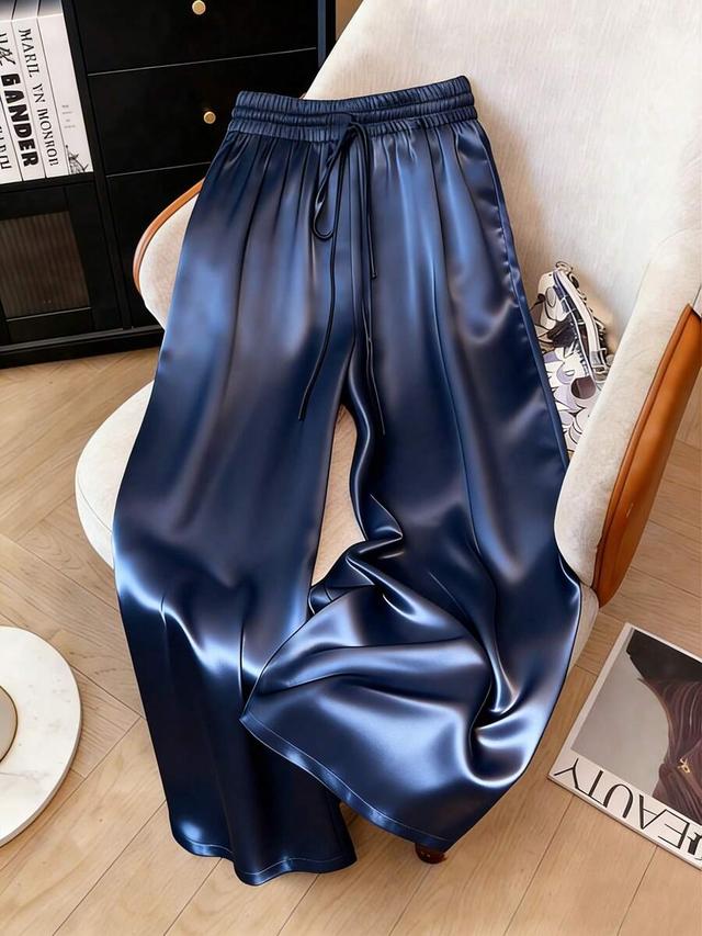 solid navy blue satin drawstring wide leg trousers