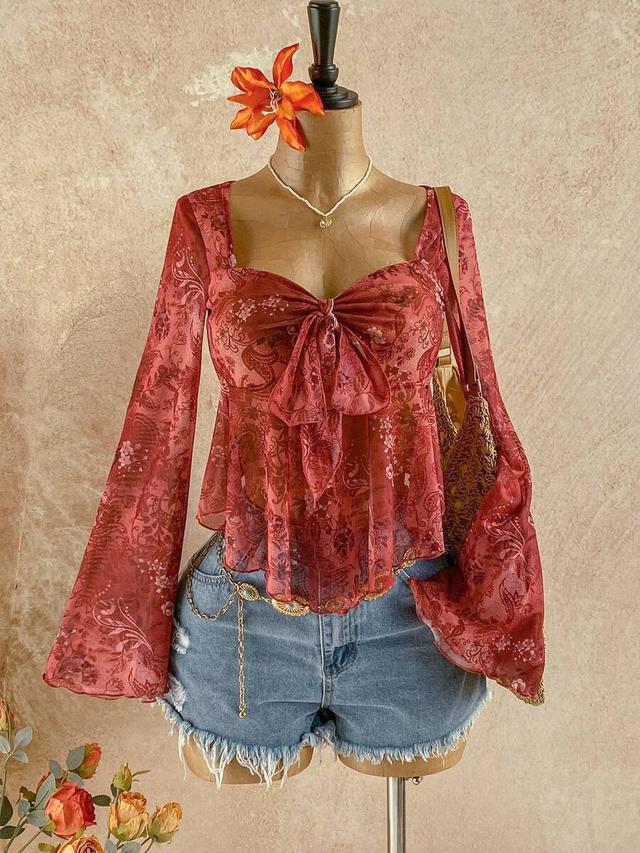 floral print sheer v-neck long sleeve babydoll top