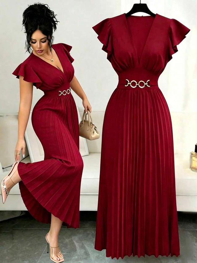 burgundy pleated midi dress with flutter sleeves