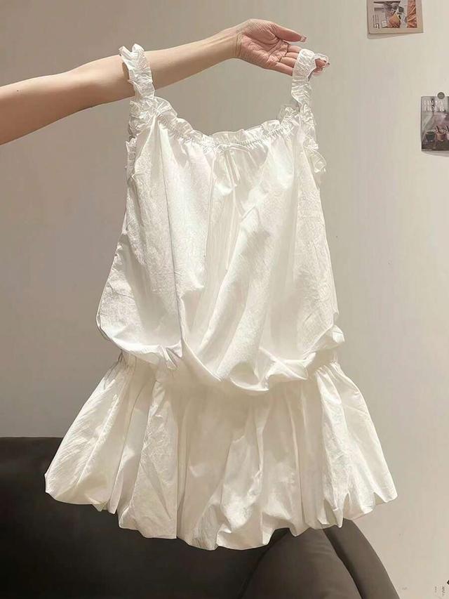 white textured bubble hem ruffle strap babydoll mini dress